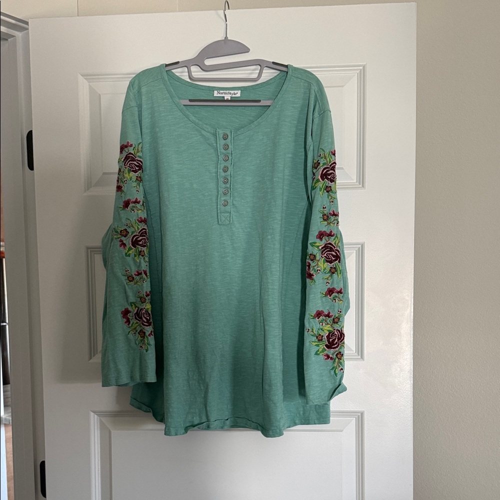 NorthStyle cotton henley tee with embroidered sleeves